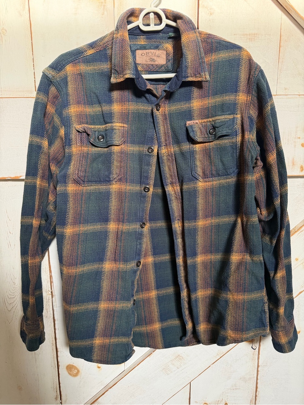 Vintage Orvis Men's Dark Blue & Tan Plaid Shirt/Jacket